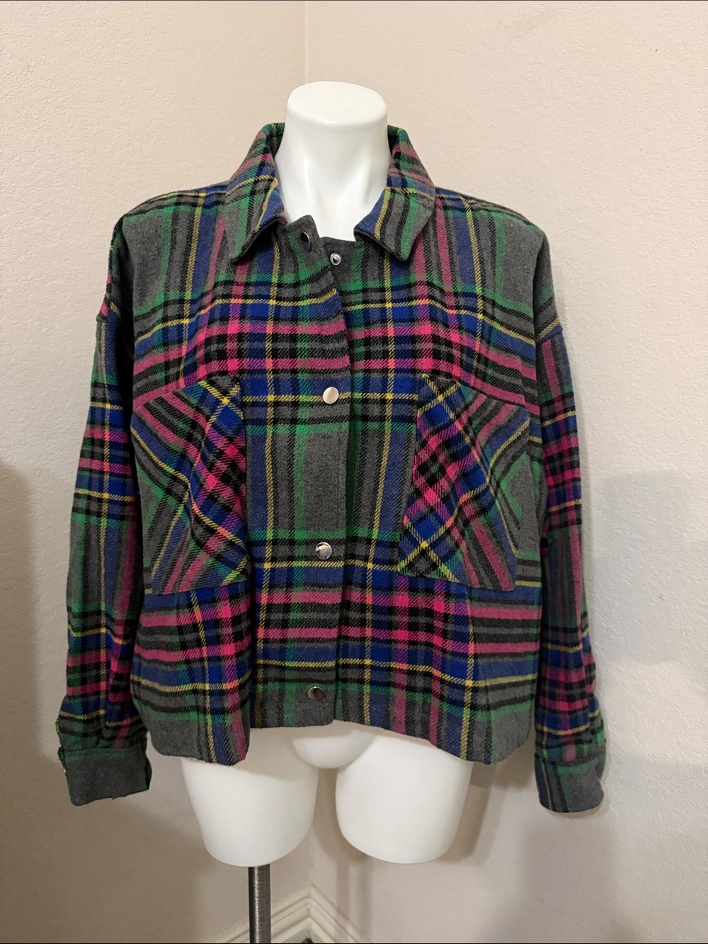 Riley & Rae Gray Plaid Jacket with Green/Yellow/Black/Blue/Pink Accents - XL